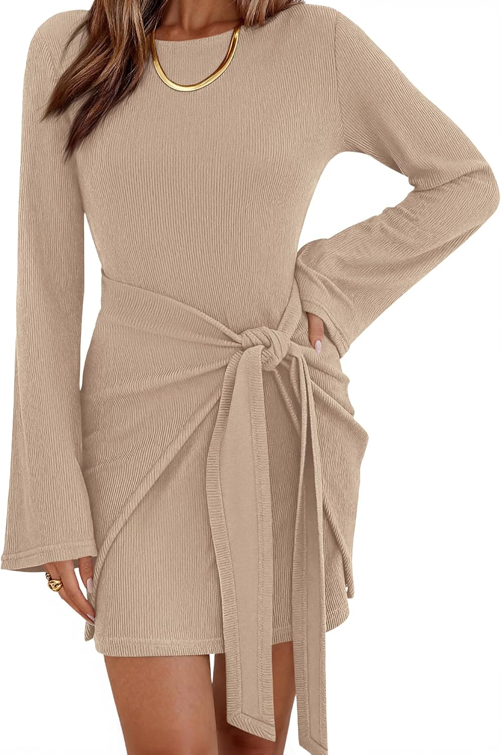 dowerme Women Bell Long Sleeve Tie Waist Bodycon Mini Dress | Casual Fall Fashion Boat Neck Short Dresses 2026,Cute Winter Tie Front Party Vacation Clothes,Soft Ribbed Knit Spring Outfits