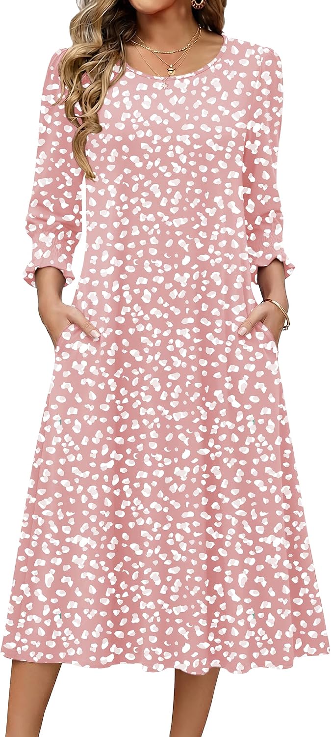 Zeagoo Summer Dresses for Women 2026 3\/4 Sleeve Dress for Women Floral Midi Dresses for Casual Womens Dresses with Pockets