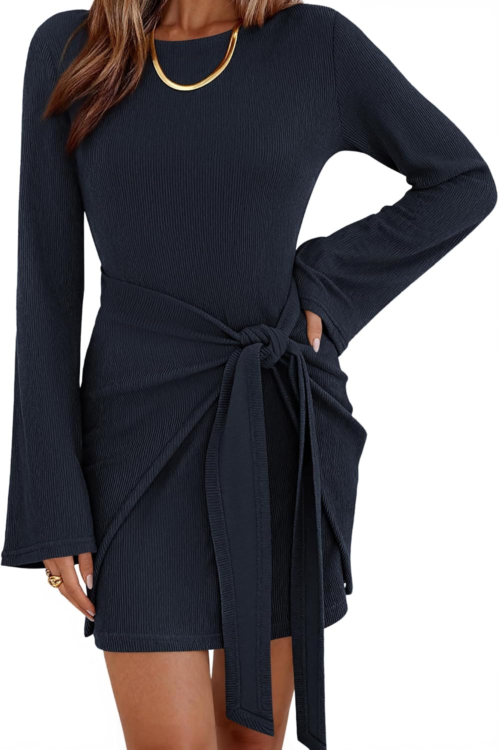 dowerme Women Bell Long Sleeve Tie Waist Bodycon Mini Dress | Casual Fall Fashion Boat Neck Short Dresses 2026,Cute Winter Tie Front Party Vacation Clothes,Soft Ribbed Knit Spring Outfits