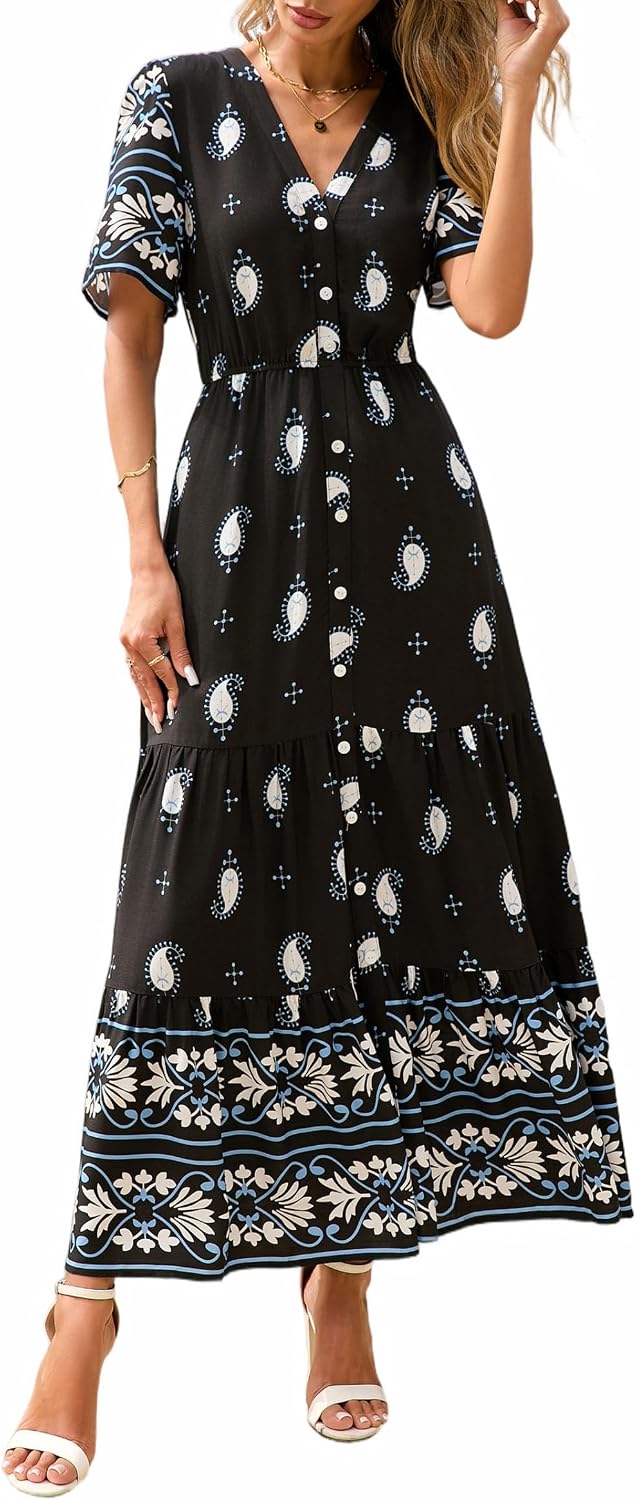 PRETTYGARDEN Womens Short Sleeve Boho Maxi Dress | Floral Tiered Flowy Fit, Fashion Button Front, V Neck Long Dresses With Pockets, Casual Beach Vacation Outfits, Summer Wear