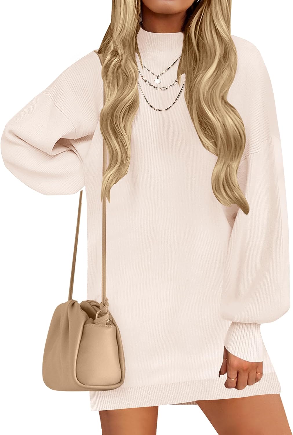 ZESICA Women's 2026 Fall Mock Neck Mini Sweater Dress Pullover Knit Dresses | Long Lantern Sleeve, Oversized, Soft, Cozy, Ribbed Knit, Elegant, 2026 Fall Fashion, Winter Dresses, Dressy Casual Clothes