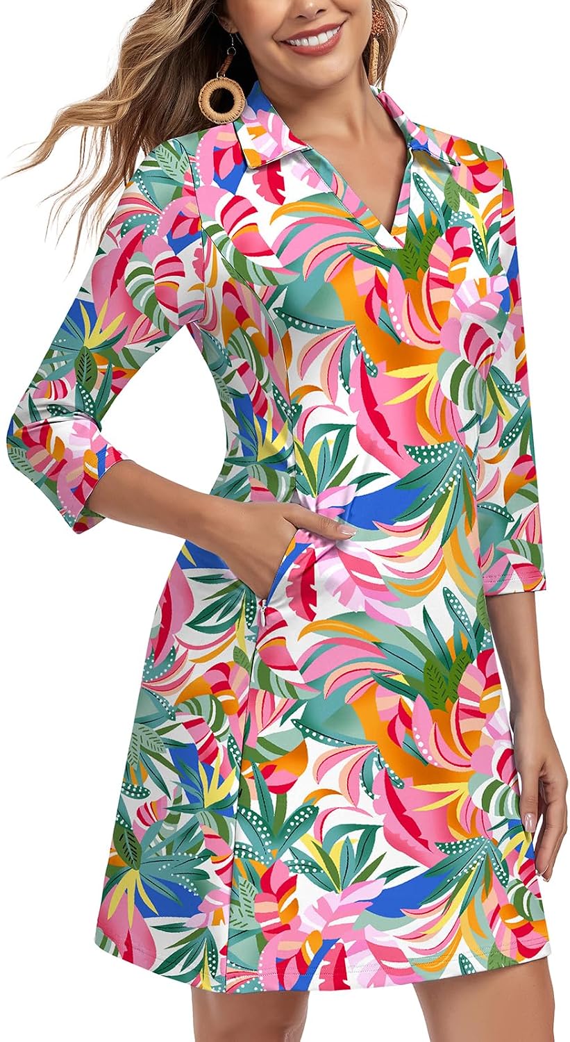 Soneven Women's 3\/4 Sleeve Dress with Pockets UPF 50+ Sun Dress Breathable Quick Dry Beach Cover Ups