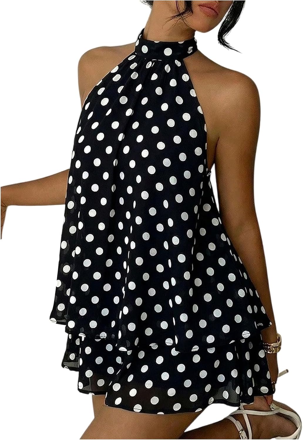 SHENHE Women's Halter Polka Dots Backless Ruffle Hem Mini Party Dress | Flowy Layered Bubble Ruffle Cut, Suitable for Party Holiday and Wedding Occasion Styling