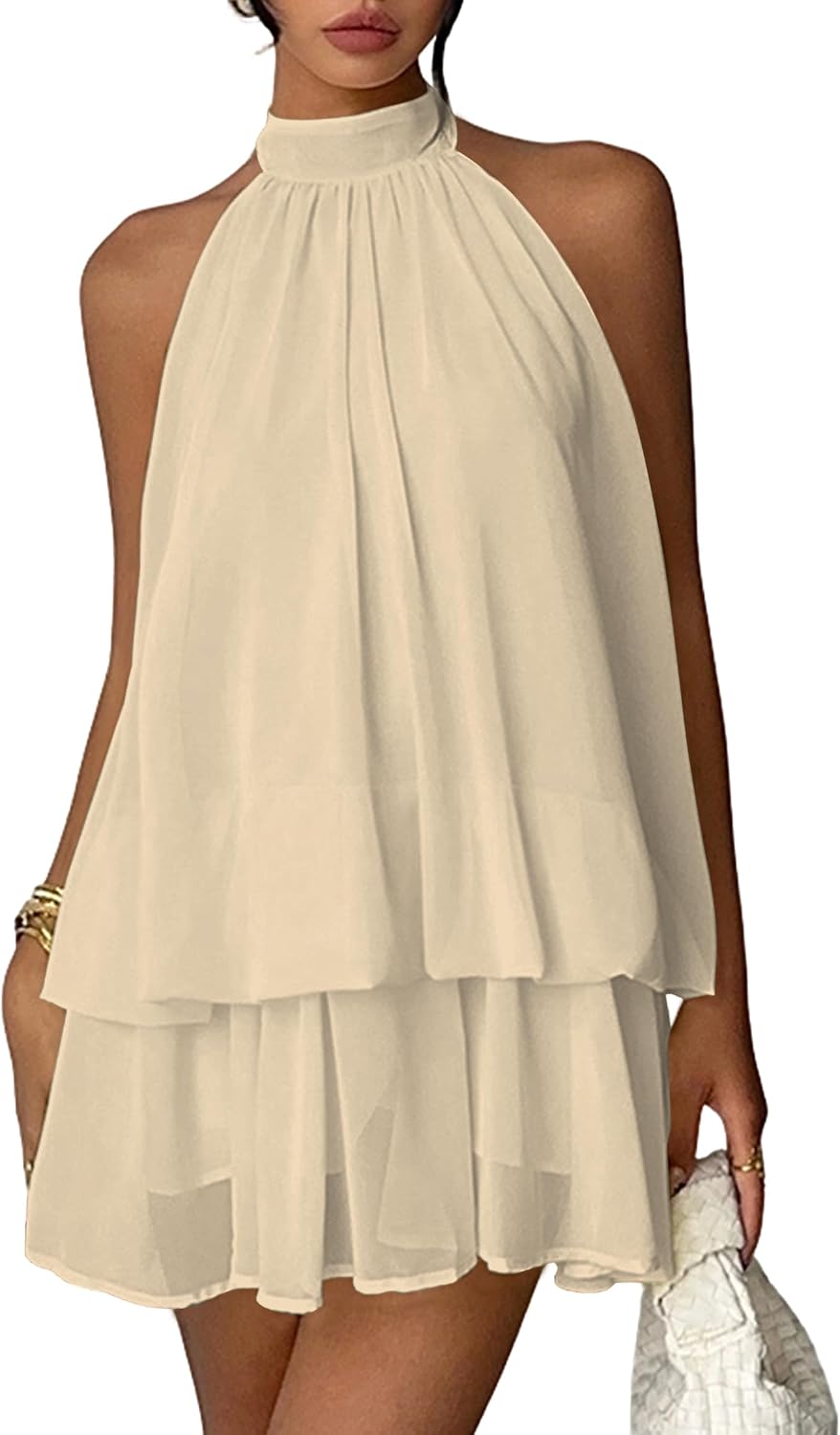 Chiffon Dresses for Women Sexy Halter Backless Drop Waist Mini Dress | Ruffle Open Back Wedding Guest Dresses Bubble Night Out Cocktail Dress Beach Vacation Birthday Party