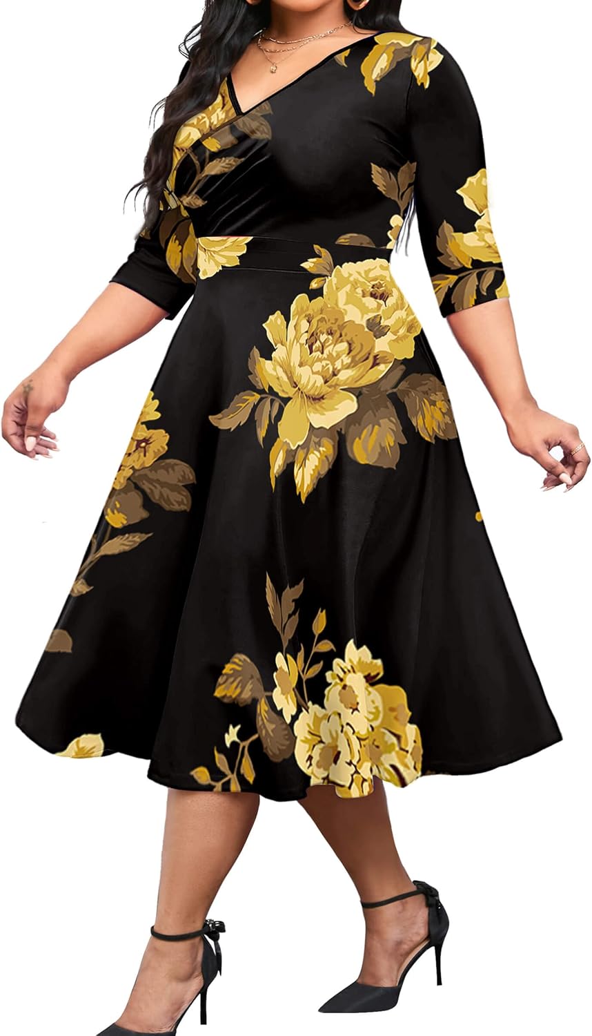 CLOCOR Plus Size Midi Dresses for Women A-Line V Neck Wrap Casual Dress | Curvy fit, shirred bodice, 3\/4 sleeve, hidden pockets, stretch empire waist, elegant style for cocktail party