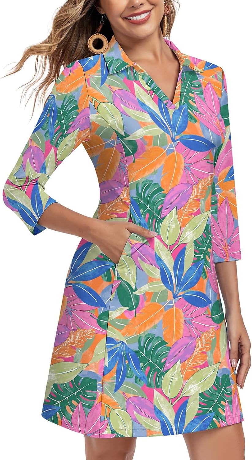 Soneven Women's 3\/4 Sleeve Dress with Pockets UPF 50+ Sun Dress Breathable Quick Dry Beach Cover Ups