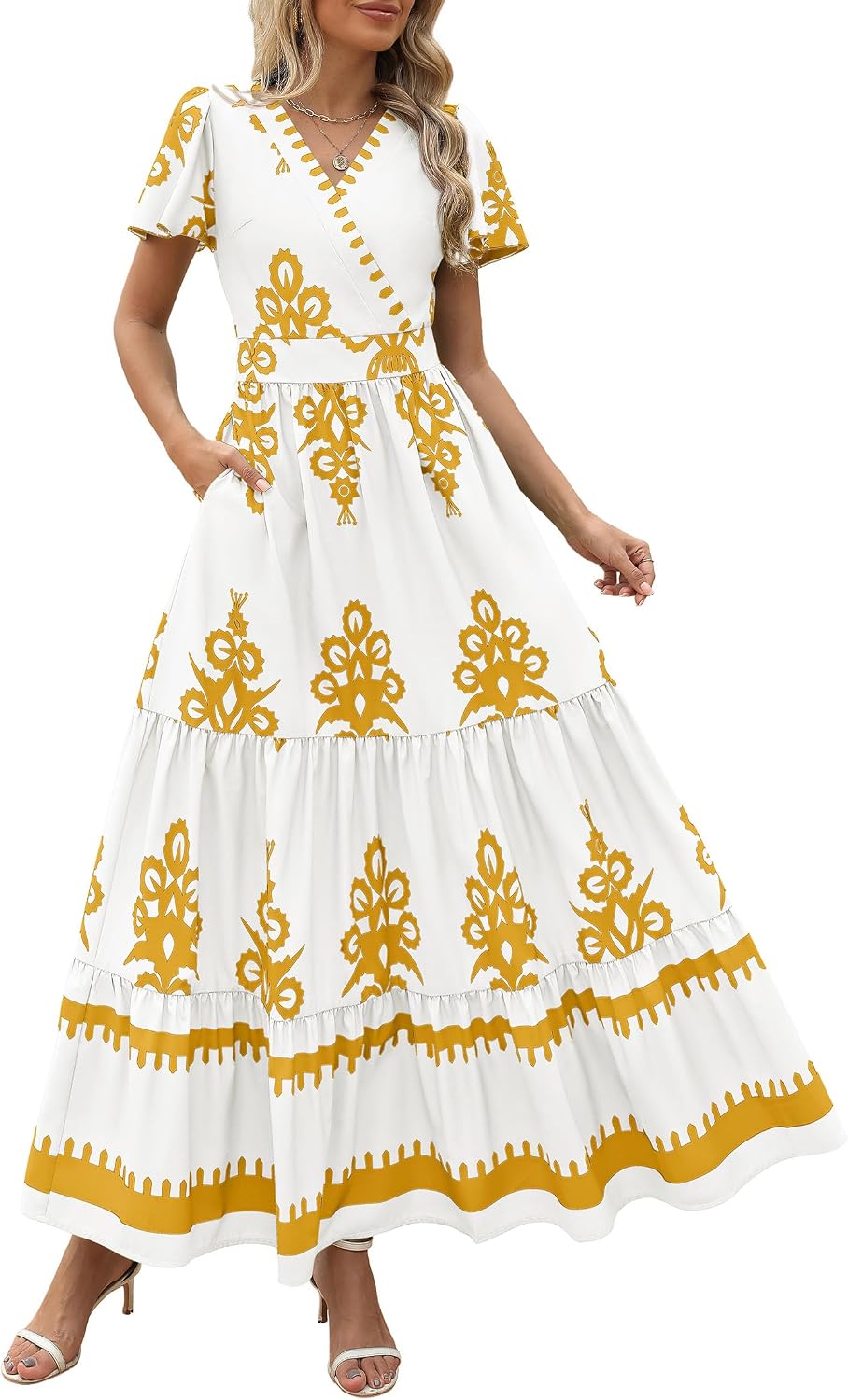 PRETTYGARDEN Womens Floral Boho Maxi Dress | Flutter Short Sleeve,Vneck Wrap,Tiered Ruffle,A Line Flowy Dresses,with Pockets,Summer Wedding Guest Beach Vacation Clothes