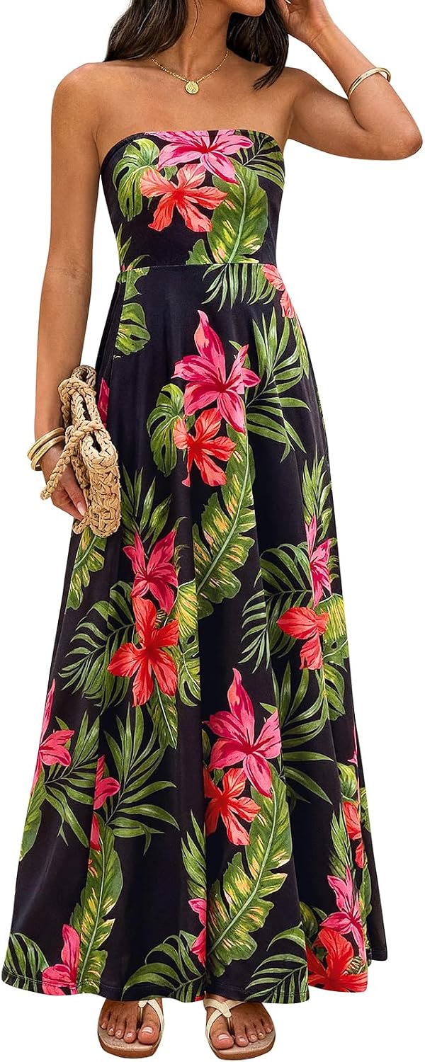 PRETTYGARDEN Sleeveless Floral Summer Maxi Dresses for Women 2026 Tube Top Flowy Long Dress Tropical Beach Vacation Clothes