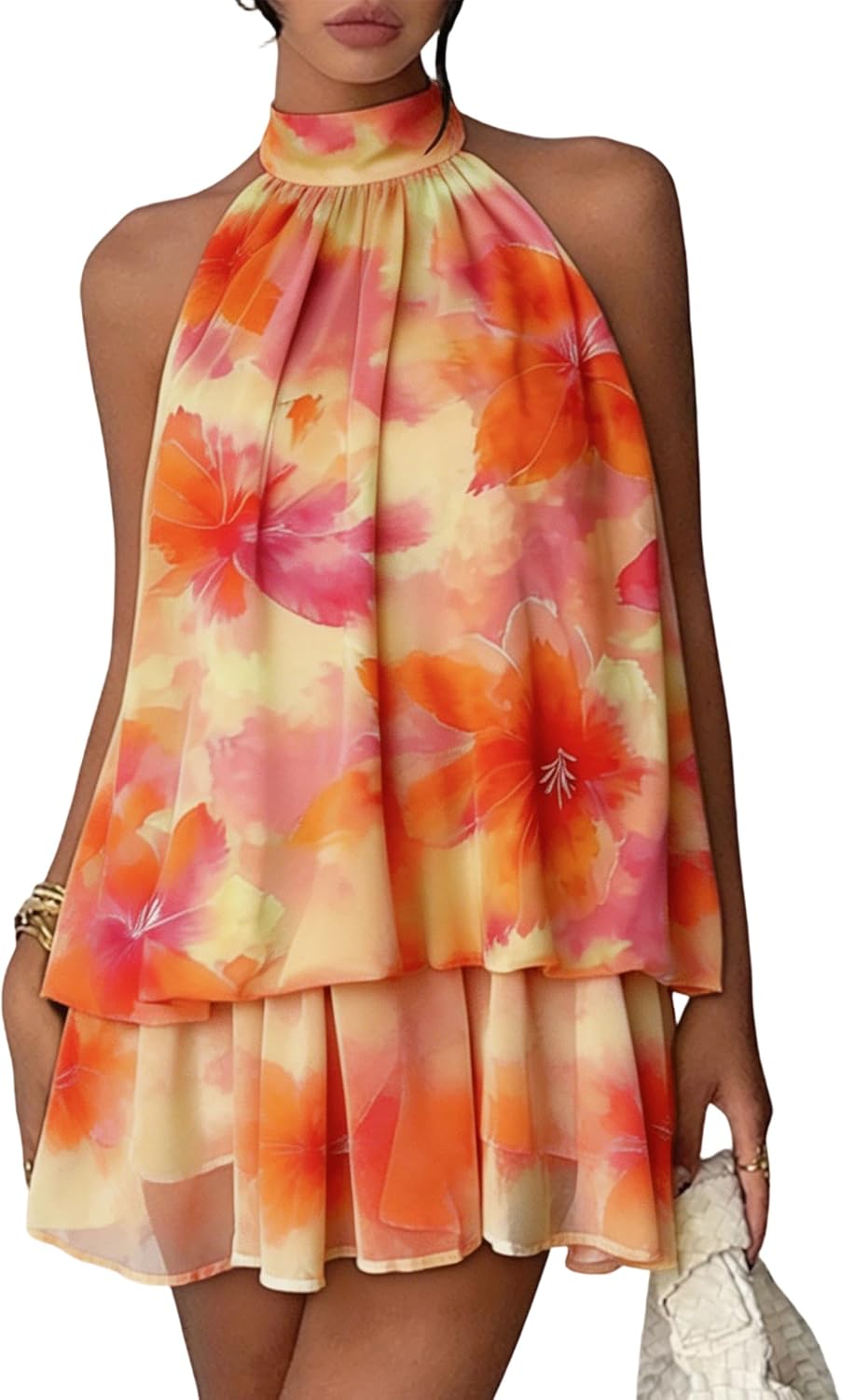 Chiffon Dresses for Women Sexy Halter Backless Drop Waist Mini Dress | Ruffle Open Back Wedding Guest Dresses Bubble Night Out Cocktail Dress Beach Vacation Birthday Party
