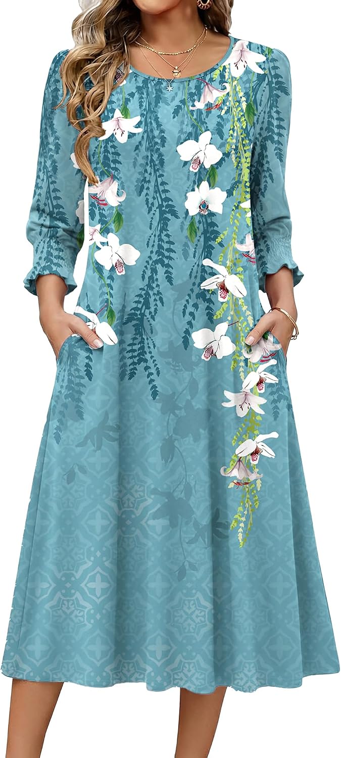 Zeagoo Summer Dresses for Women 2026 3\/4 Sleeve Dress for Women Floral Midi Dresses for Casual Womens Dresses with Pockets