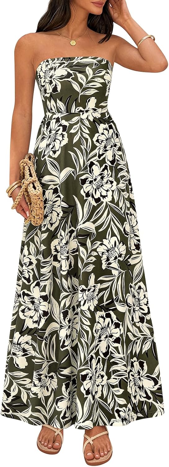 PRETTYGARDEN Sleeveless Floral Summer Maxi Dresses for Women 2026 Tube Top Flowy Long Dress Tropical Beach Vacation Clothes
