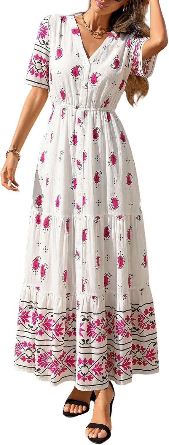 PRETTYGARDEN Womens Short Sleeve Boho Maxi Dress | Floral Tiered Flowy Fit, Fashion Button Front, V Neck Long Dresses With Pockets, Casual Beach Vacation Outfits, Summer Wear
