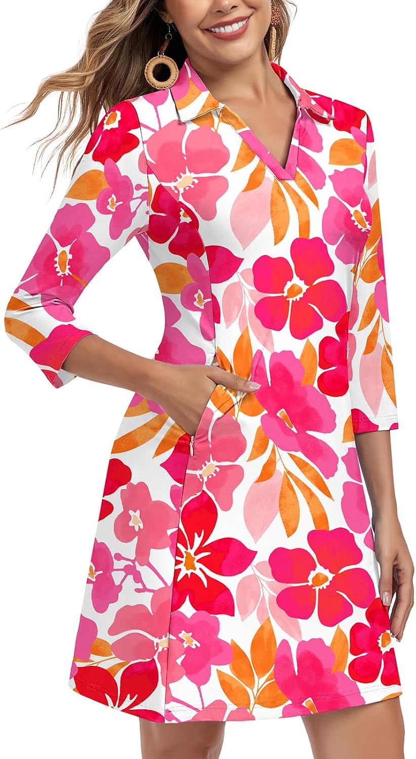 Soneven Women's 3\/4 Sleeve Dress with Pockets UPF 50+ Sun Dress Breathable Quick Dry Beach Cover Ups