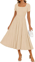 ZESICA Womens Elegant Pleated Wedding Guest Midi Sweater Dress | Square Neck, Short Sleeve, A-Line, Business Casual Outfits, For Summer, Early Fall, Winter Layering