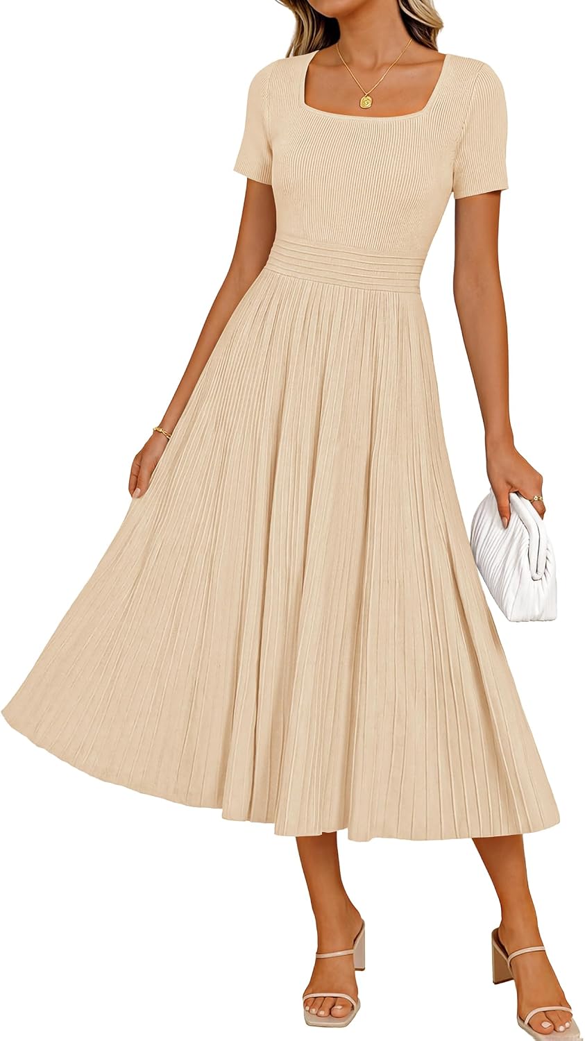 ZESICA Womens Elegant Pleated Wedding Guest Midi Sweater Dress | Square Neck, Short Sleeve, A-Line, Business Casual Outfits, For Summer, Early Fall, Winter Layering