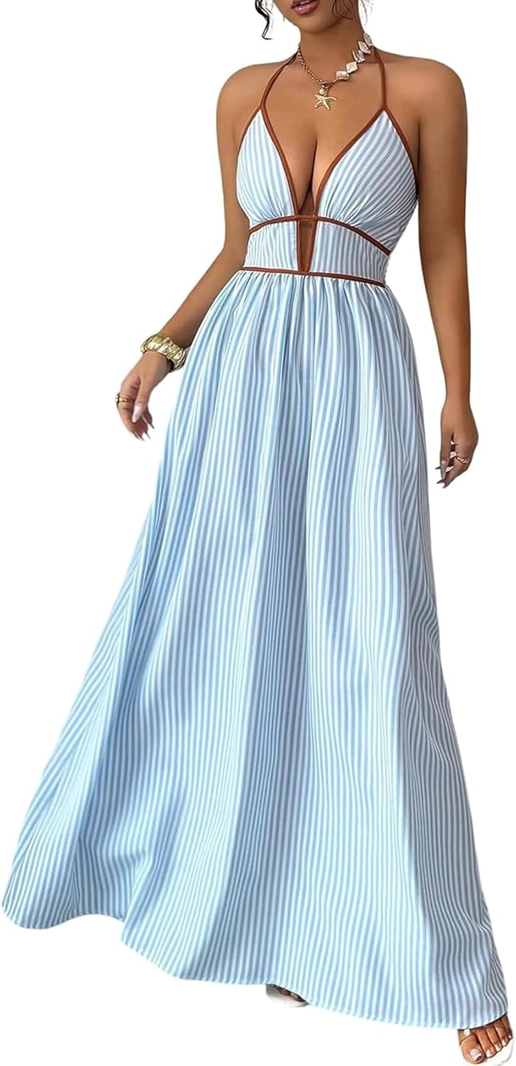 Women's Summer Sleeveless Striped Smocked Flowy Swing Maxi Halter V Neck A Line Casual Long Beach Vacation Dresses