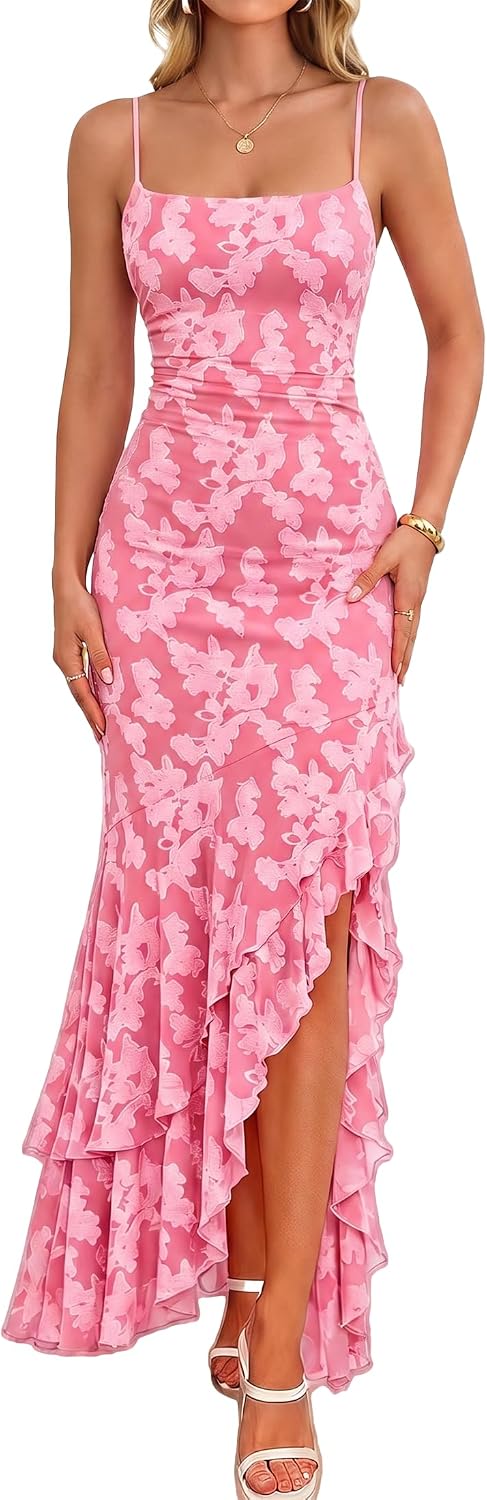 Kaximil Women's Floral Mermaid Cocktail Wedding Guest Maxi Dress | Elegant Spaghetti Strap Ruffle Ruched Bodycon Formal Long Dresses