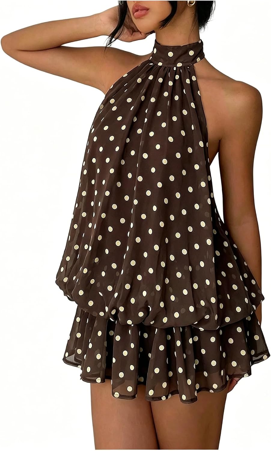 SHENHE Women's Halter Polka Dots Backless Ruffle Hem Mini Party Dress | Flowy Layered Bubble Ruffle Cut, Suitable for Party Holiday and Wedding Occasion Styling