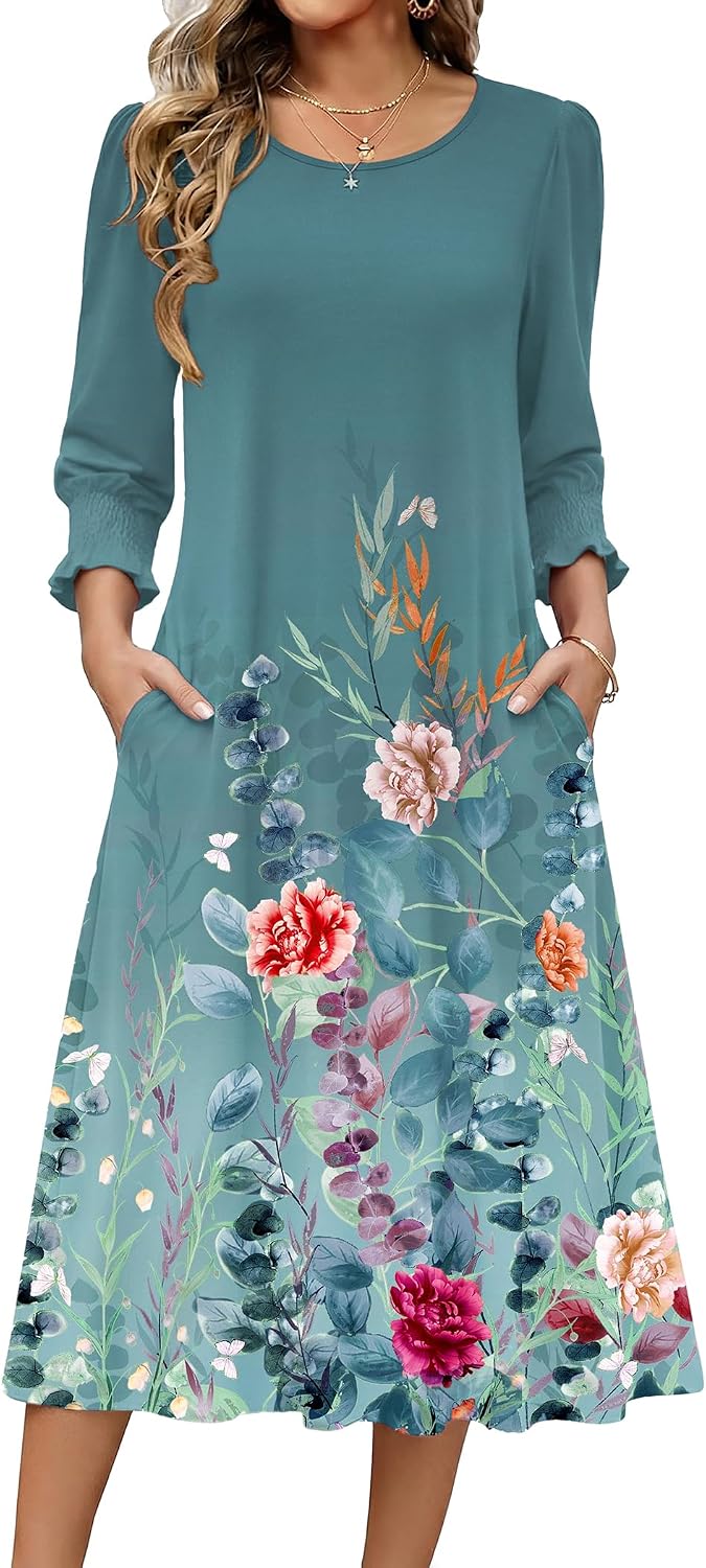 Zeagoo Summer Dresses for Women 2026 3\/4 Sleeve Dress for Women Floral Midi Dresses for Casual Womens Dresses with Pockets
