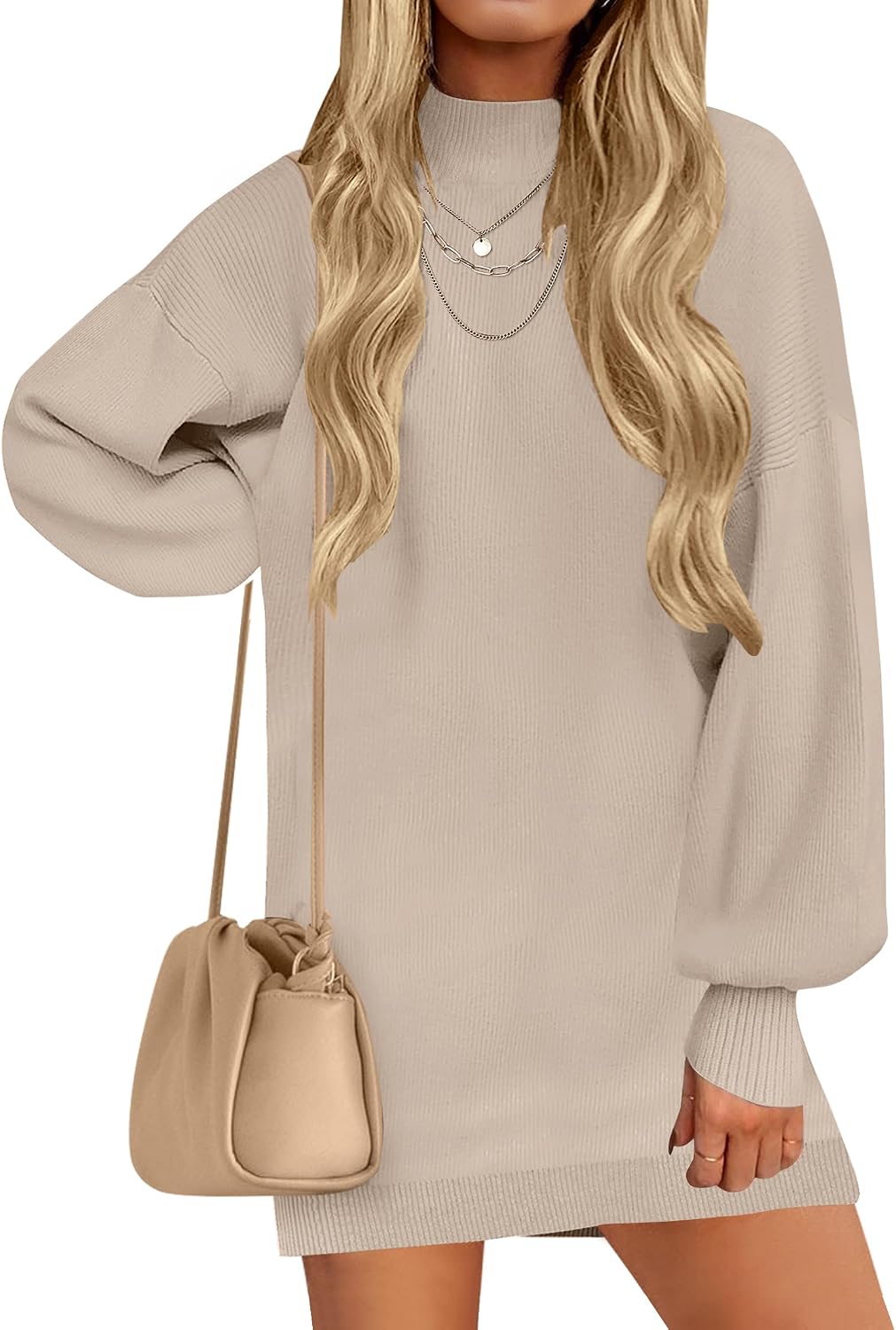 ZESICA Women's 2026 Fall Mock Neck Mini Sweater Dress Pullover Knit Dresses | Long Lantern Sleeve, Oversized, Soft, Cozy, Ribbed Knit, Elegant, 2026 Fall Fashion, Winter Dresses, Dressy Casual Clothes