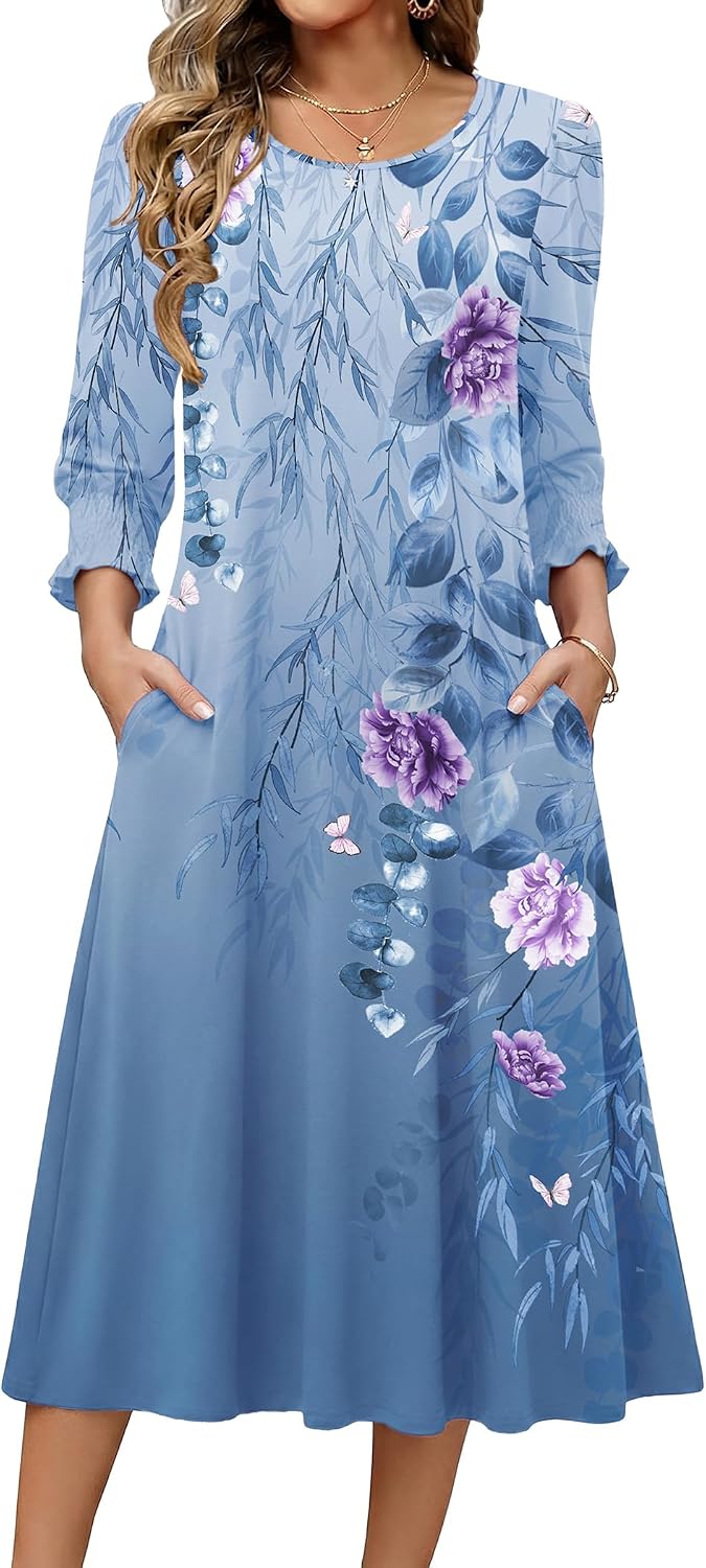 Zeagoo Summer Dresses for Women 2026 3\/4 Sleeve Dress for Women Floral Midi Dresses for Casual Womens Dresses with Pockets