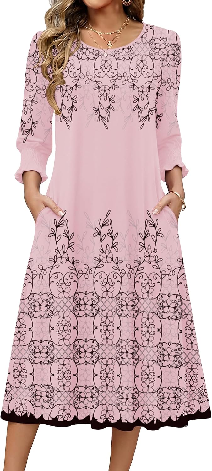 Zeagoo Summer Dresses for Women 2026 3\/4 Sleeve Dress for Women Floral Midi Dresses for Casual Womens Dresses with Pockets