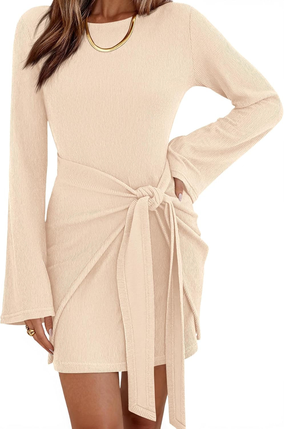dowerme Women Bell Long Sleeve Tie Waist Bodycon Mini Dress | Casual Fall Fashion Boat Neck Short Dresses 2026,Cute Winter Tie Front Party Vacation Clothes,Soft Ribbed Knit Spring Outfits