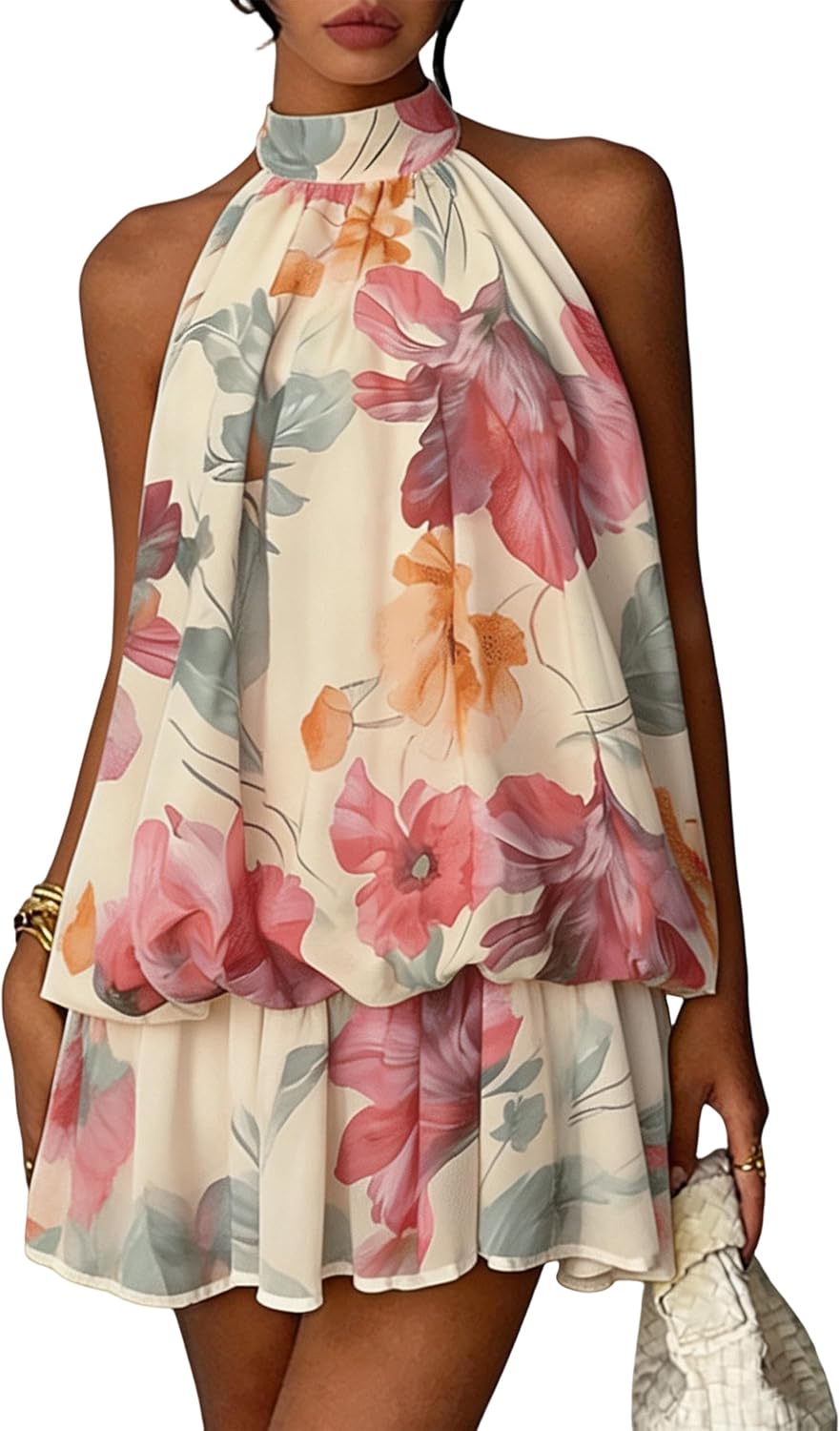 Chiffon Dresses for Women Sexy Halter Backless Drop Waist Mini Dress | Ruffle Open Back Wedding Guest Dresses Bubble Night Out Cocktail Dress Beach Vacation Birthday Party