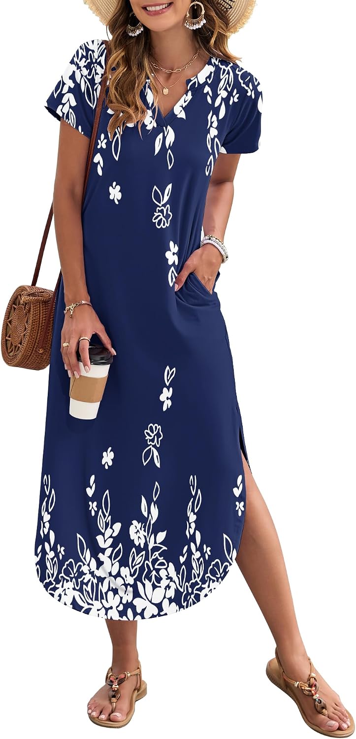 MISFAY Women's Short Sleeves Summer Maxi Dresses with Pocket | Notched V-neck, Side Splits, Two Pockets, Swing Sundress Hem, Loose Shirt Dress Fit, Ankle Length, Beach Vacation Outfits