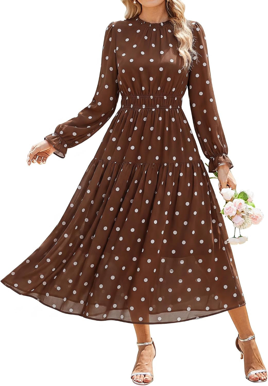GRACE KARIN Women's Floral Long Sleeve Fall Wedding Guest Maxi Dress | 2026 Chiffon,Side Pockets,Mock Neck,Smocked Tieded,A Line Flowy Outfits Suitable for Semi Formal\/Party\/Cocktail\/Boho