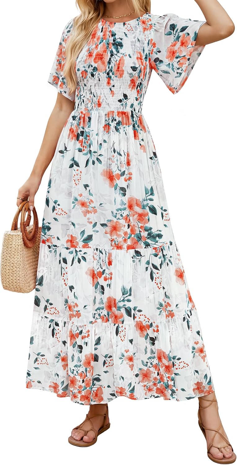 ZESICA Women's Summer Boho Floral Smocked Short Sleeve Maxi Dress | Tiered, Flowy, Elastic Waist, 2026 Casual Wedding Guest Date Holiday Beach Vacation Long Dresses