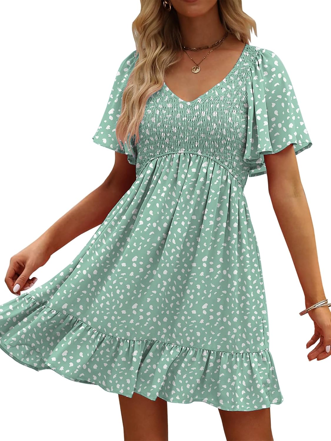 UEAL Womens Floral Smocked V Neck Casual Summer Sun Dresses | Aline, Pockets, Flowy, Cute, Empire Wiast, Flutter Sleeve, Knee Length, Bump Friendly, Beach Vacation, Resort Wear