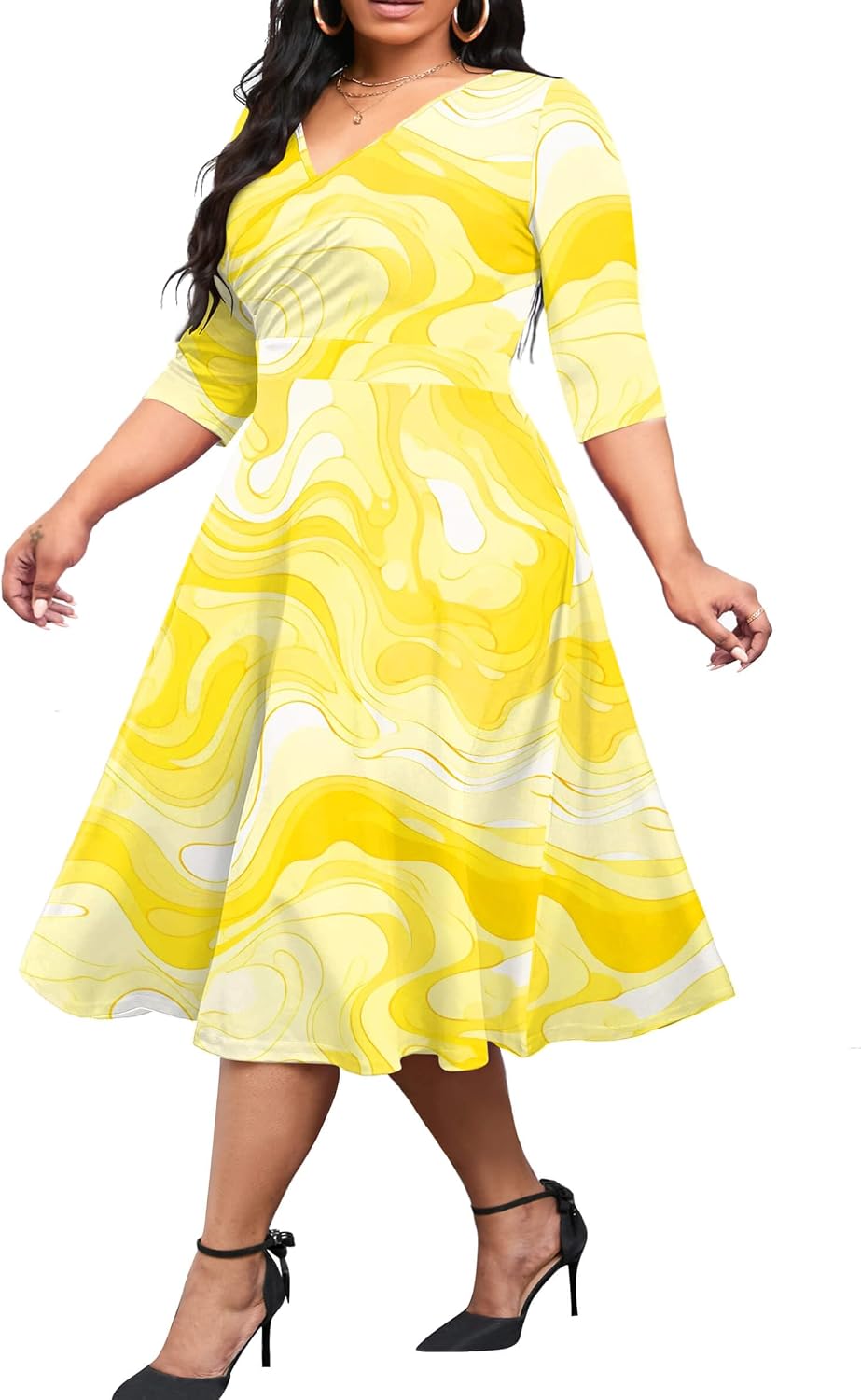 CLOCOR Plus Size Midi Dresses for Women A-Line V Neck Wrap Casual Dress | Curvy fit, shirred bodice, 3\/4 sleeve, hidden pockets, stretch empire waist, elegant style for cocktail party