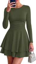 PRETTYGARDEN Womens Fit and Flare Crewneck Long Sleeve Mini Dress | Ruched Waist,Tiered Ruffle Hem,Flowy Short Sundress,Party Cocktail Homecoming Dresses,Date Night Semi Formal Cruise Outfits