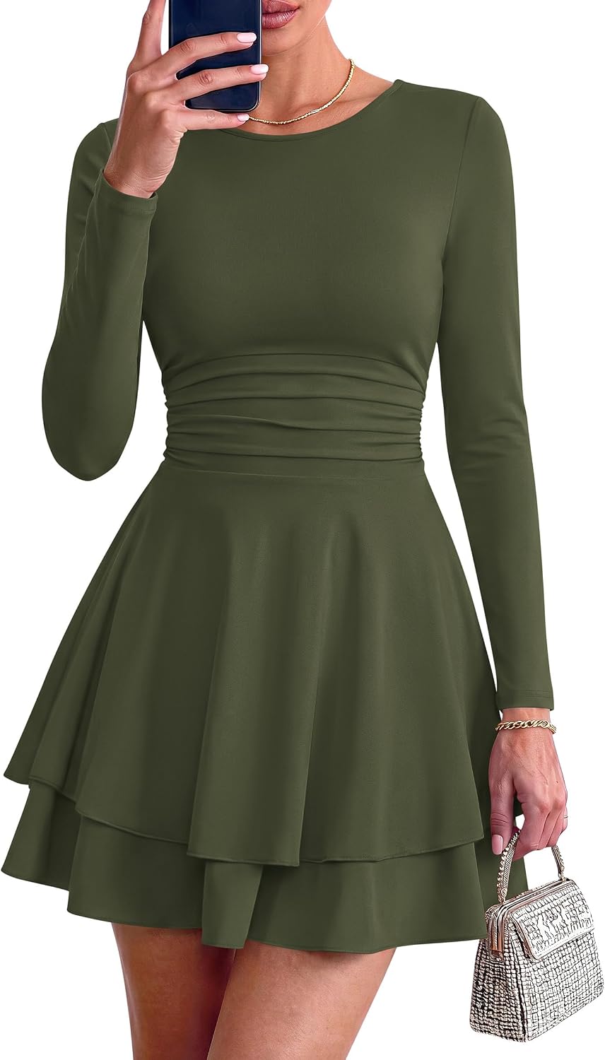 PRETTYGARDEN Womens Fit and Flare Crewneck Long Sleeve Mini Dress | Ruched Waist,Tiered Ruffle Hem,Flowy Short Sundress,Party Cocktail Homecoming Dresses,Date Night Semi Formal Cruise Outfits