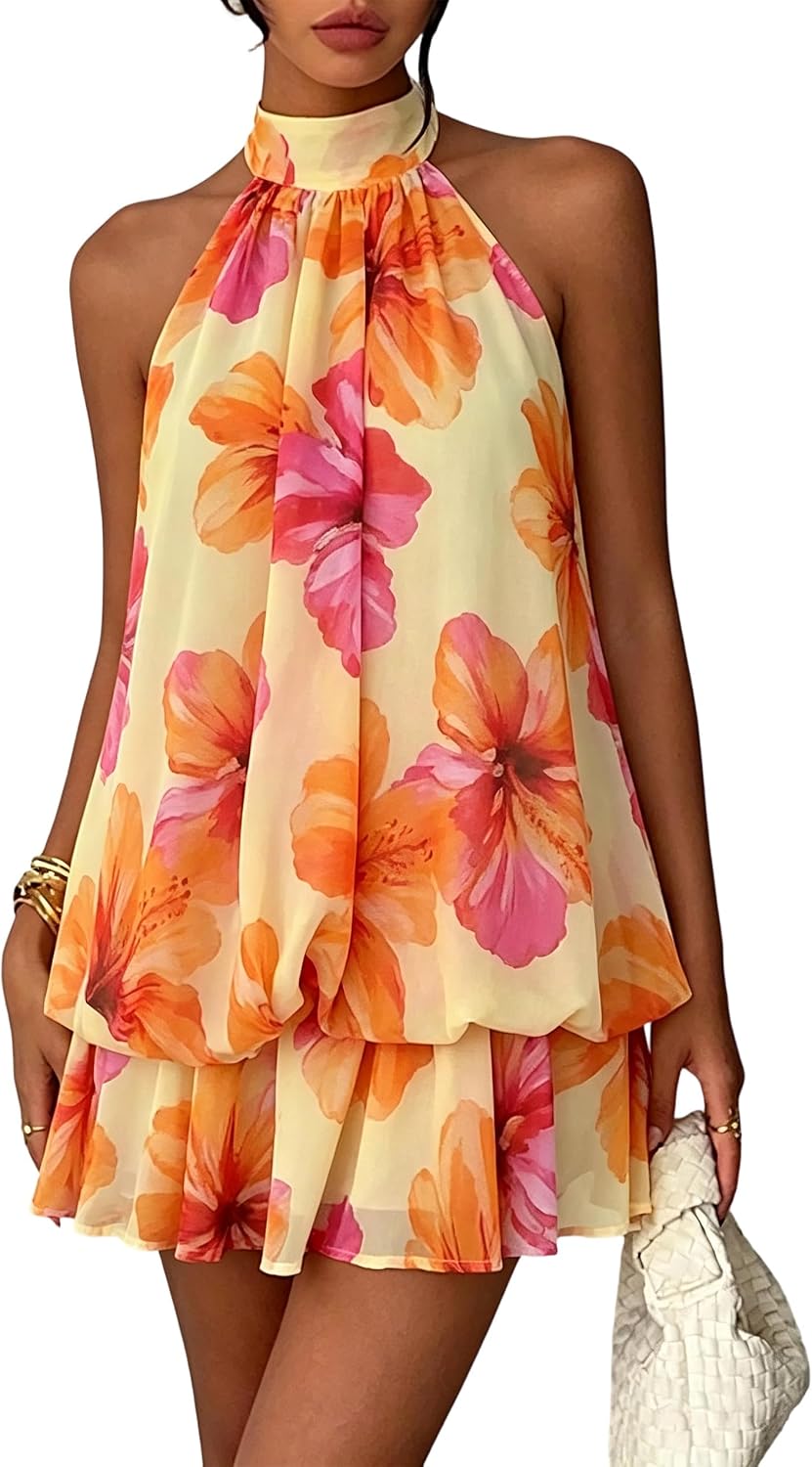 Chiffon Dresses for Women Sexy Halter Backless Drop Waist Mini Dress | Ruffle Open Back Wedding Guest Dresses Bubble Night Out Cocktail Dress Beach Vacation Birthday Party