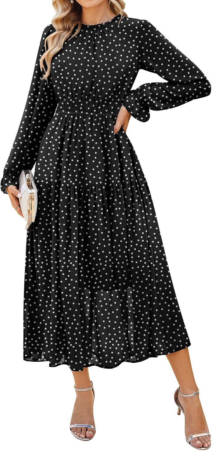 GRACE KARIN Women's Floral Long Sleeve Fall Wedding Guest Maxi Dress | 2026 Chiffon,Side Pockets,Mock Neck,Smocked Tieded,A Line Flowy Outfits Suitable for Semi Formal\/Party\/Cocktail\/Boho