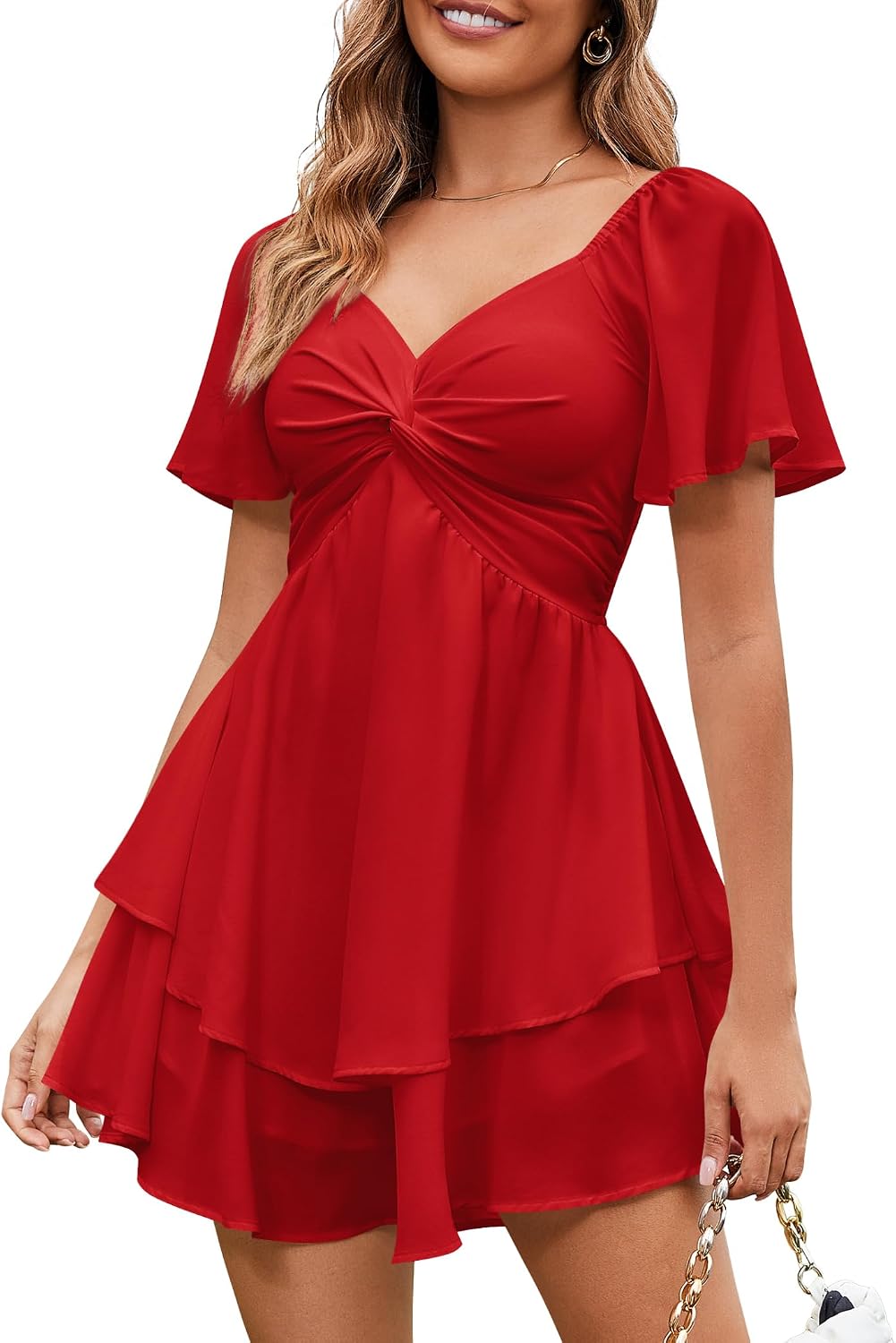Florboom Women's Sweetheart Knot Front Dress Smocked Back Short Sleeve Layered Boho Chiffon Mini Dresses
