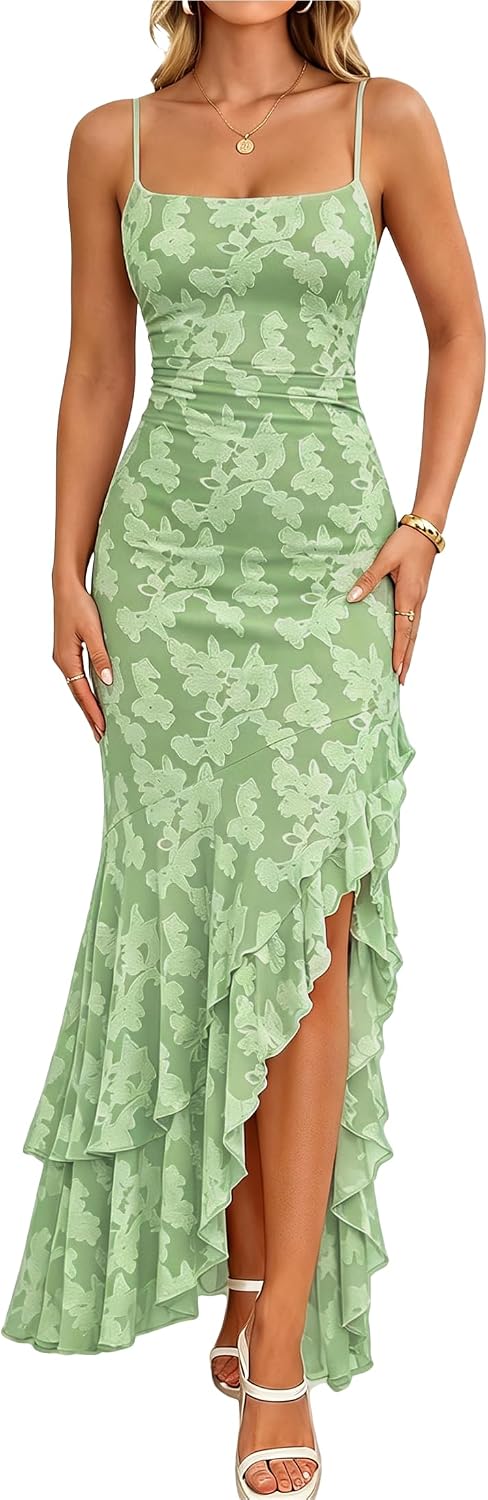Kaximil Women's Floral Mermaid Cocktail Wedding Guest Maxi Dress | Elegant Spaghetti Strap Ruffle Ruched Bodycon Formal Long Dresses