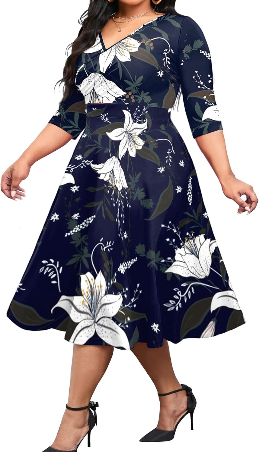CLOCOR Plus Size Midi Dresses for Women A-Line V Neck Wrap Casual Dress | Curvy fit, shirred bodice, 3\/4 sleeve, hidden pockets, stretch empire waist, elegant style for cocktail party