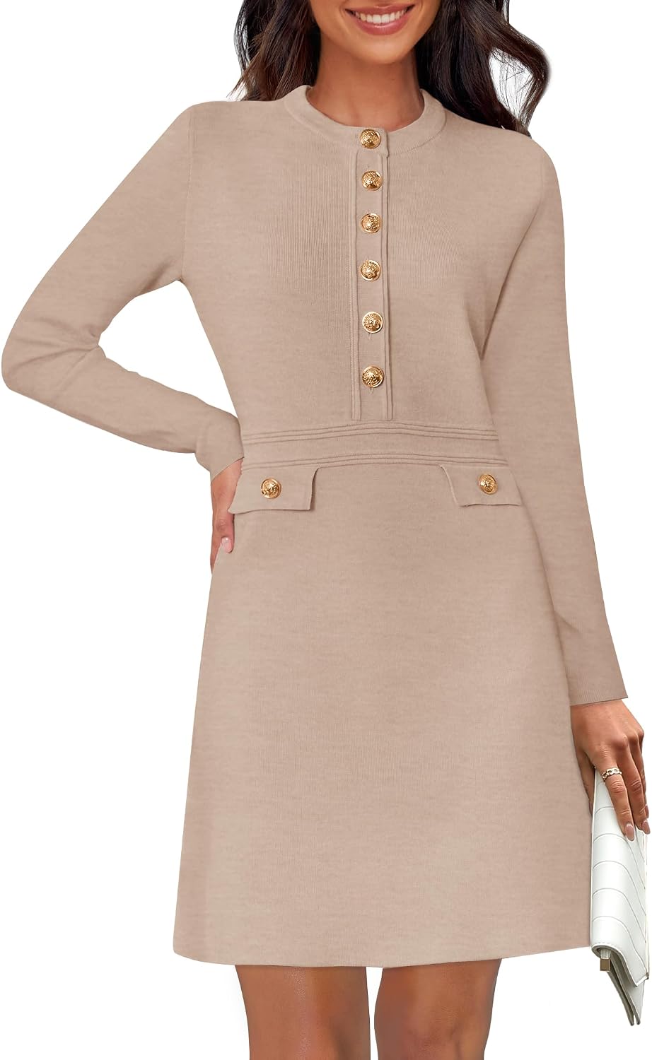 NENONA Women's 2026 Long Sleeve Fall Winter Sweater Dress Spring Fashion Button Elegant Business Casual Work Mini Dresses
