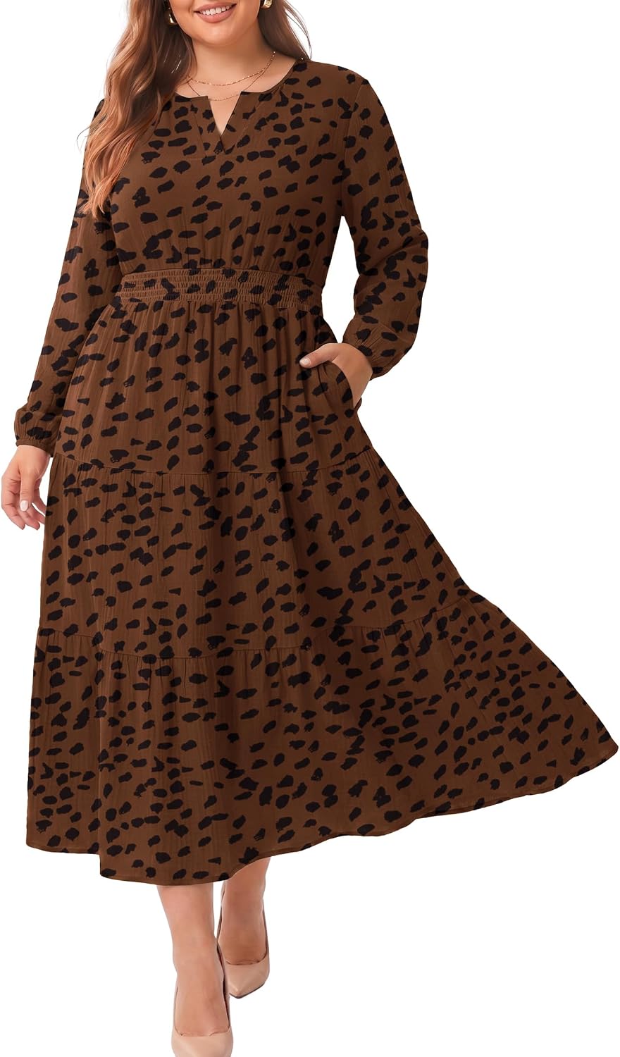 OLRIK Plus Size Fall Maxi Dress for Curvy Women Long Sleeve Pockets | Smocked Waist Tiered Skirt Deep Pockets Autumn Boho Maxi Dress for Wedding Guest Family Photo Teacher or Work Casual