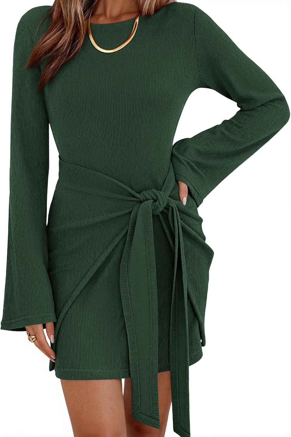 dowerme Women Bell Long Sleeve Tie Waist Bodycon Mini Dress | Casual Fall Fashion Boat Neck Short Dresses 2026,Cute Winter Tie Front Party Vacation Clothes,Soft Ribbed Knit Spring Outfits