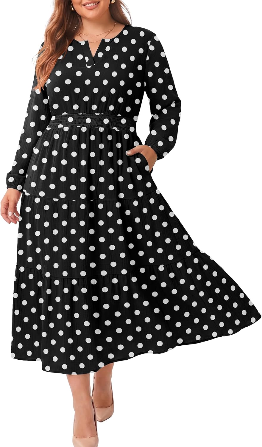 OLRIK Plus Size Fall Maxi Dress for Curvy Women Long Sleeve Pockets | Smocked Waist Tiered Skirt Deep Pockets Autumn Boho Maxi Dress for Wedding Guest Family Photo Teacher or Work Casual