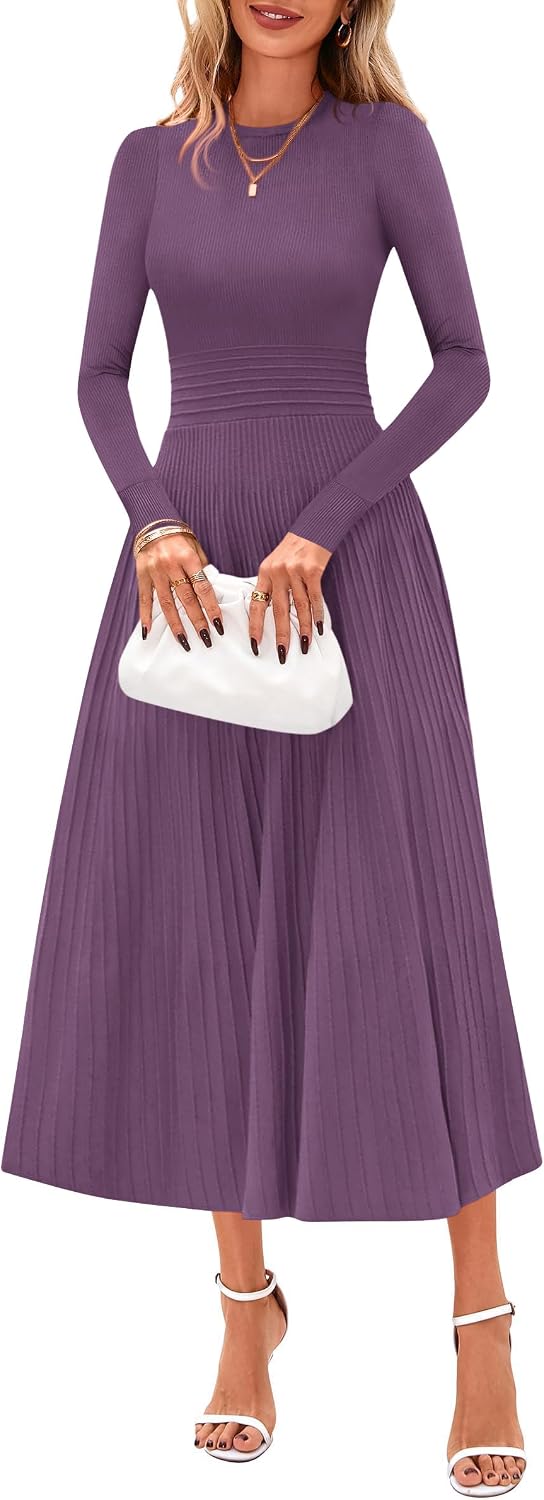 PRETTYGARDEN Women's Long Sleeve Knit Maxi Sweater Dress | Soft Pleated, Slim Fit A Line, Elegant Fall Wedding Guest Cocktail Holiday Parties Church Long Dresses, 2026 Winter Clothes
