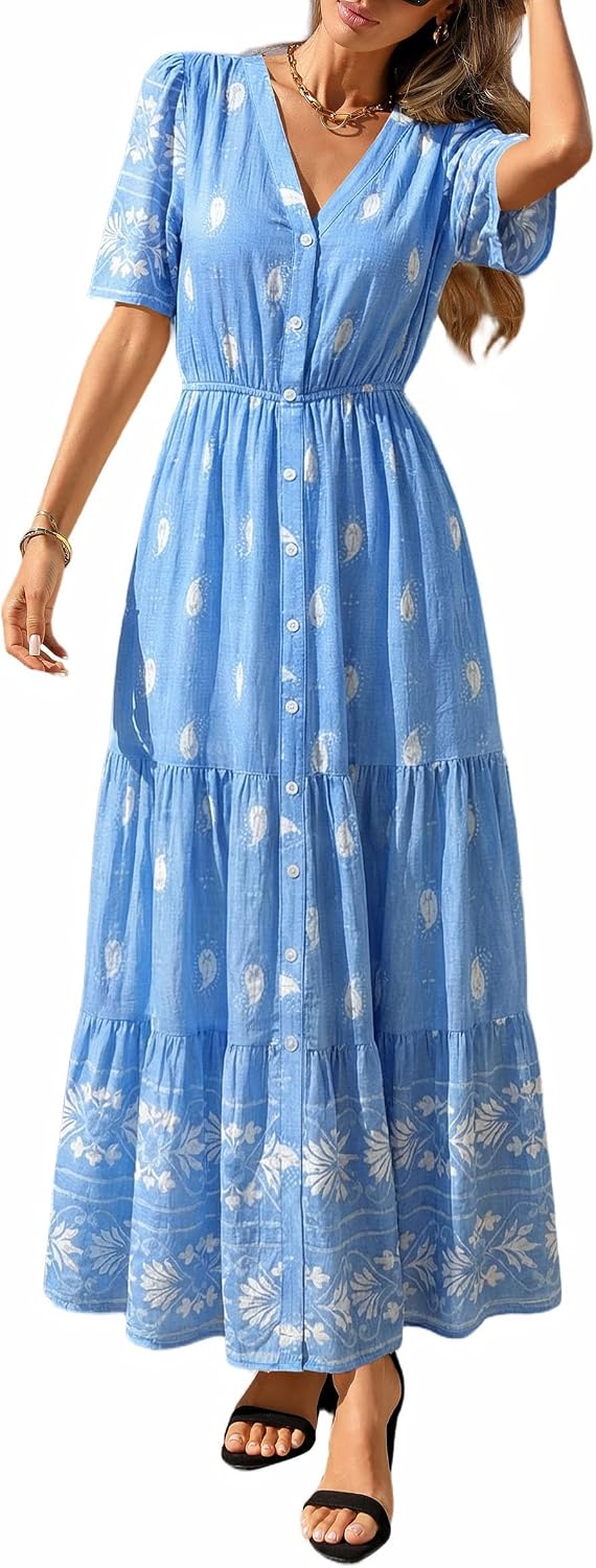 PRETTYGARDEN Womens Short Sleeve Boho Maxi Dress | Floral Tiered Flowy Fit, Fashion Button Front, V Neck Long Dresses With Pockets, Casual Beach Vacation Outfits, Summer Wear