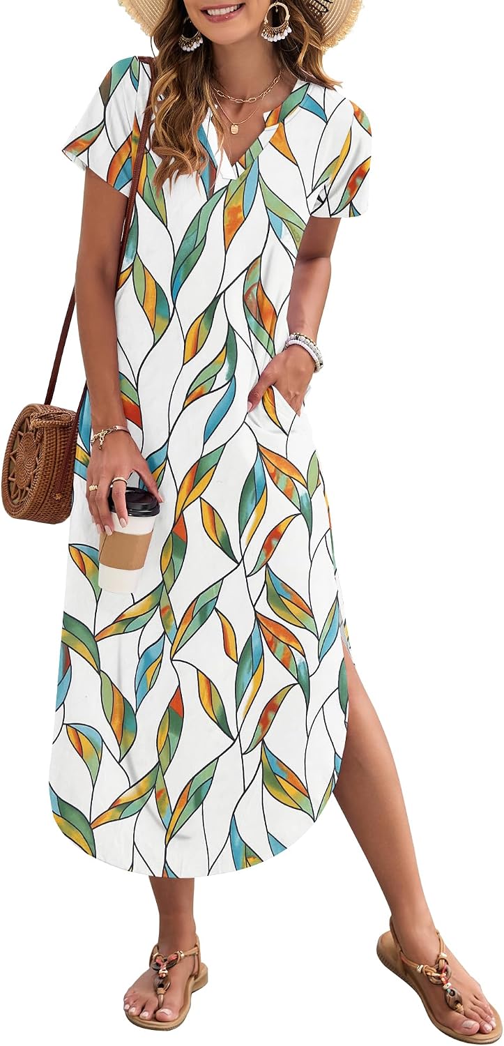 MISFAY Women's Short Sleeves Summer Maxi Dresses with Pocket | Notched V-neck, Side Splits, Two Pockets, Swing Sundress Hem, Loose Shirt Dress Fit, Ankle Length, Beach Vacation Outfits