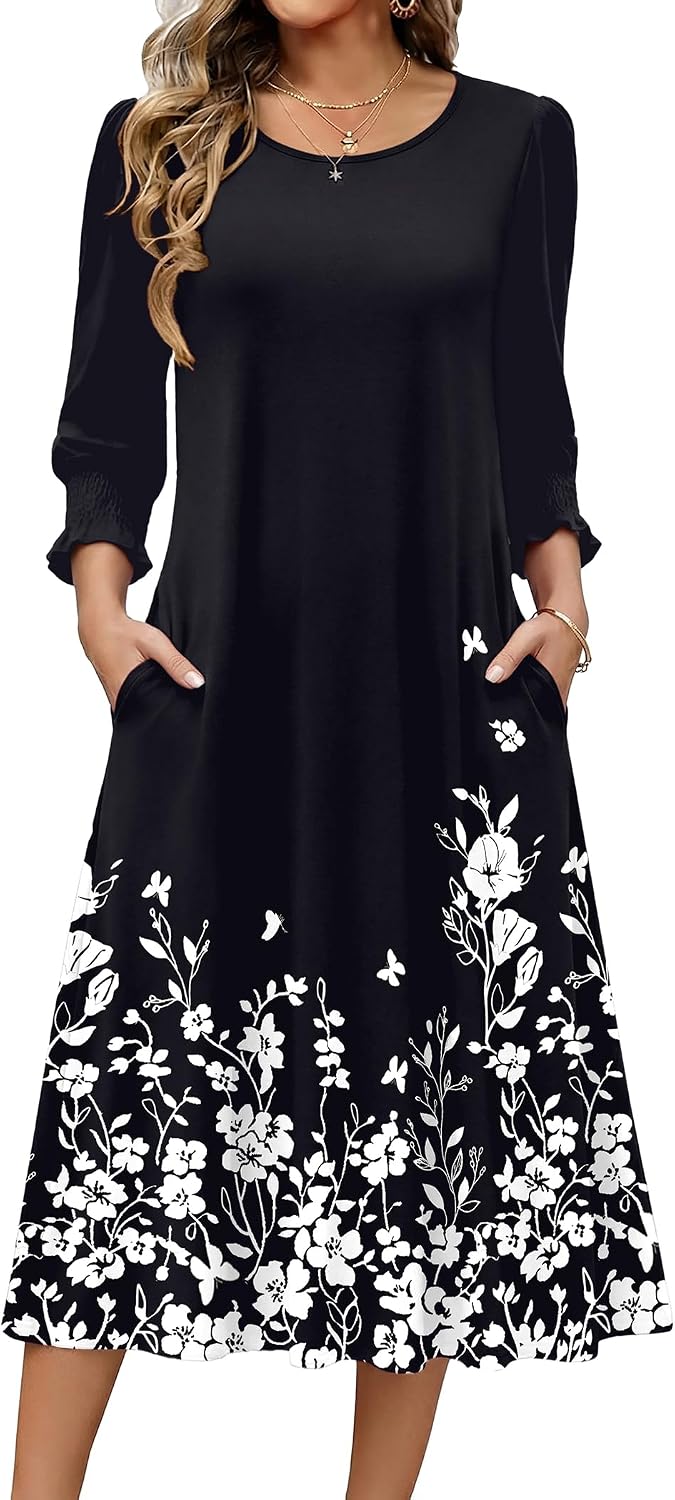 Zeagoo Summer Dresses for Women 2026 3\/4 Sleeve Dress for Women Floral Midi Dresses for Casual Womens Dresses with Pockets