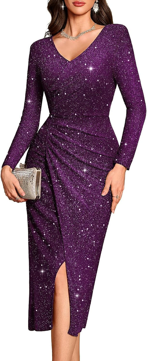 Bbonlinedress Women Formal Sequin Long Cocktail Prom Evening Party Dress | Maxi, Split, Glitter Sparkly, Bodycon, Long Sleeve Dress for Wedding Guest Homecoming Gala
