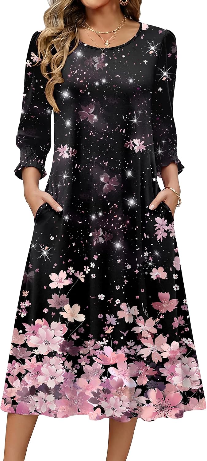 Zeagoo Summer Dresses for Women 2026 3\/4 Sleeve Dress for Women Floral Midi Dresses for Casual Womens Dresses with Pockets